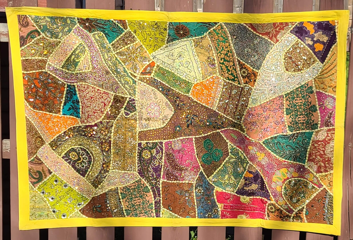 Handmade Light Yellow Mirror & Patchwork Indian Tapestry
