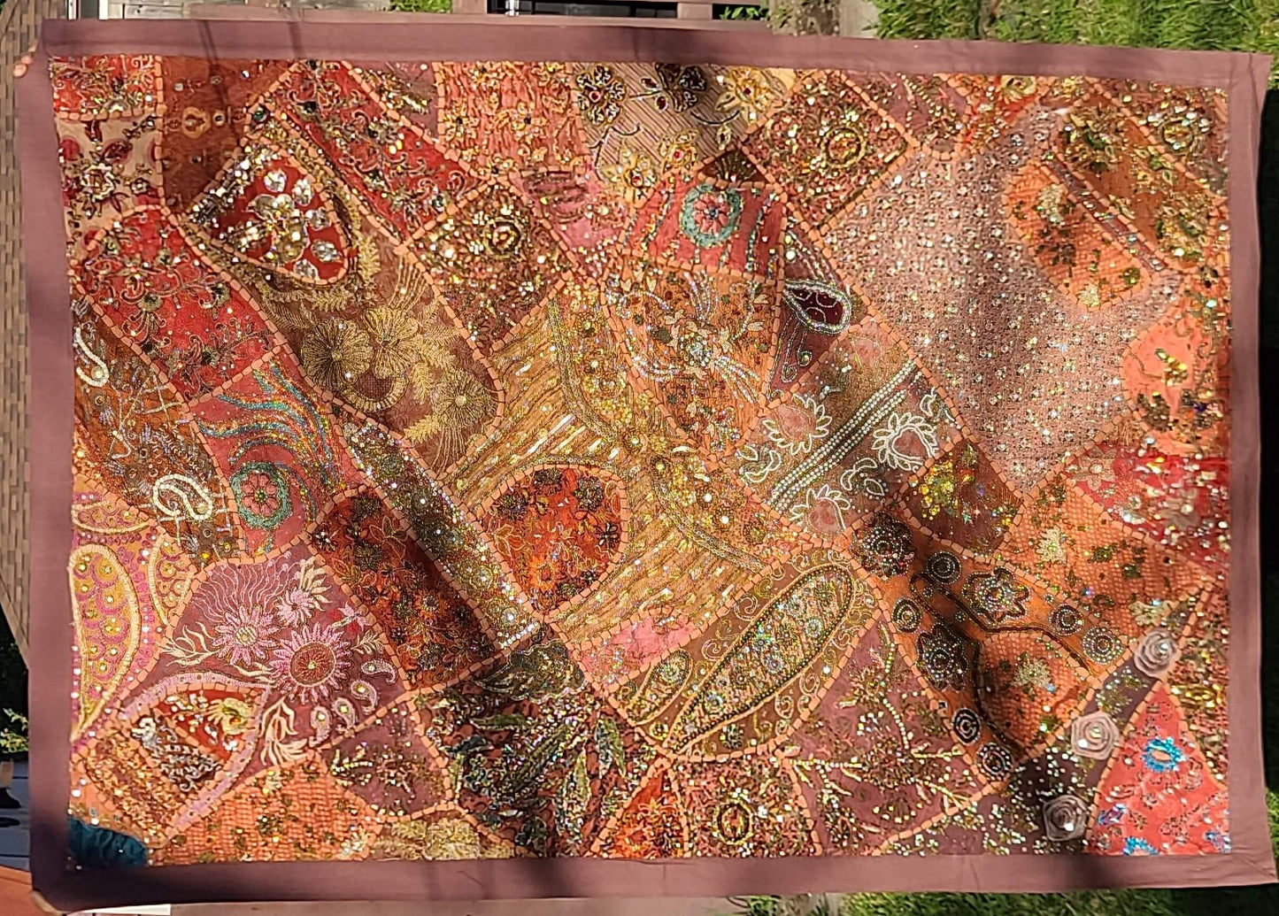 Handmade Rustic Brown Mirror & Patchwork Indian Tapestry
