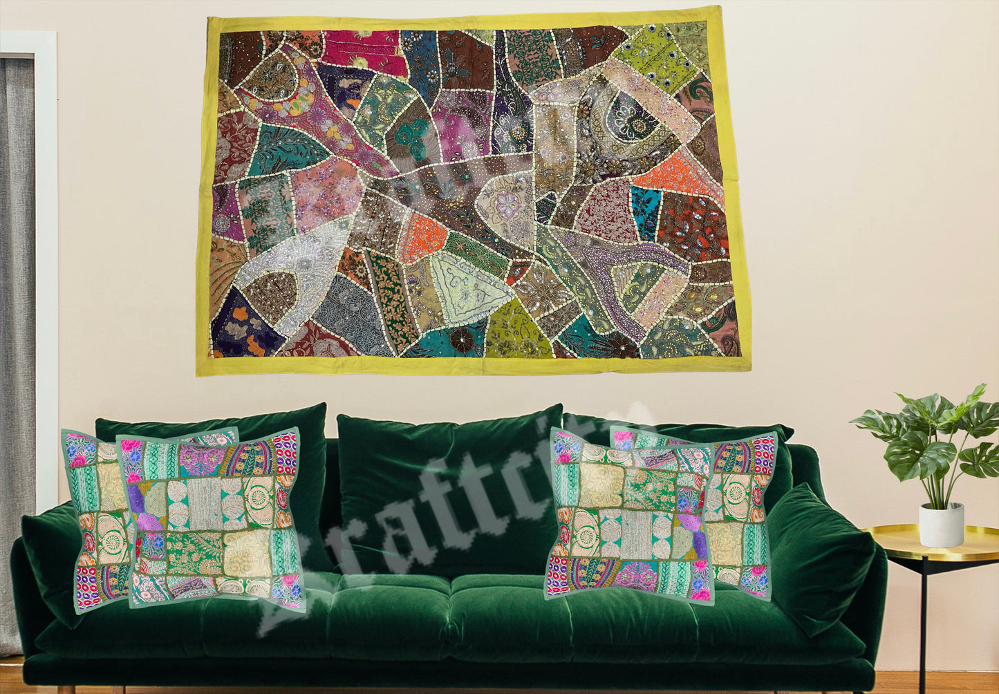 Cushion Cover Patchwork Shade of Green Bohemian Style Hand Made (Each)