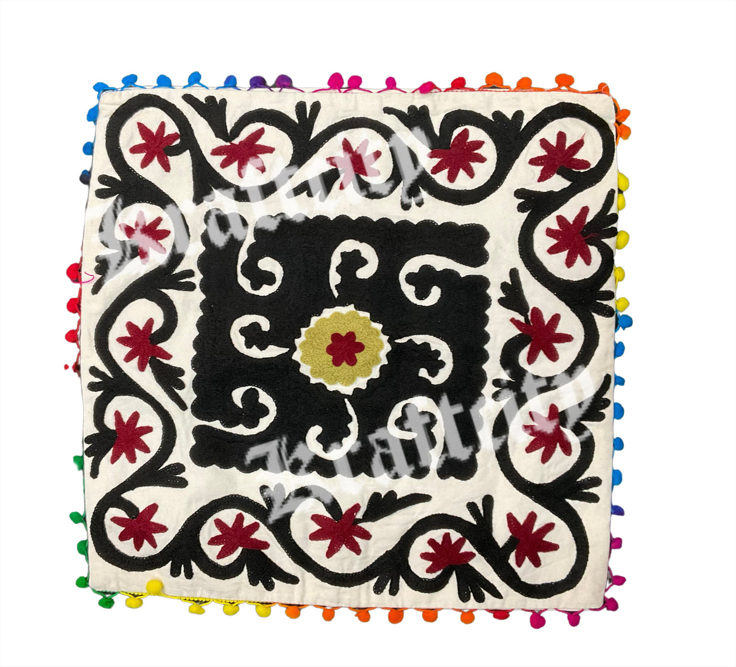 Embroided Suzani Cushion Cover Black/White Handmade Indian Pillow Cover (Each)