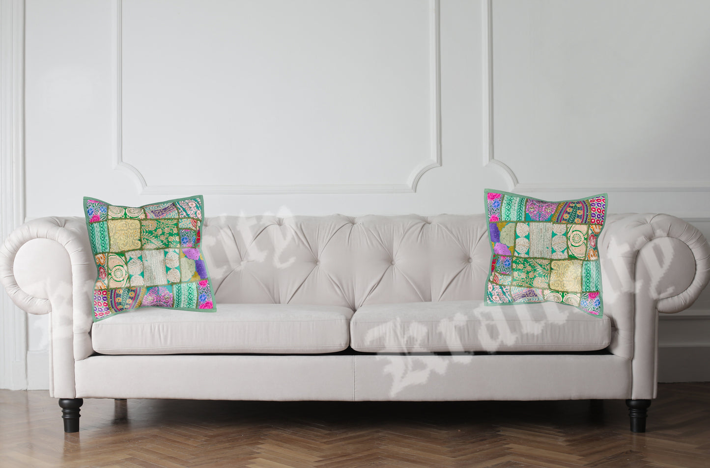 Cushion Cover Patchwork Shade of Green Bohemian Style Hand Made (Each)