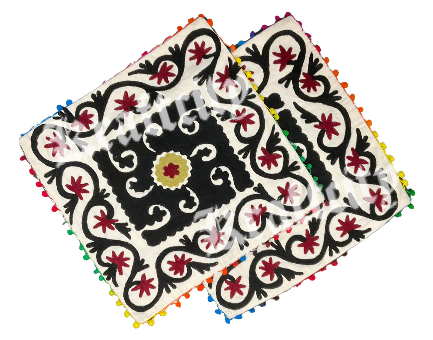 Embroided Suzani Cushion Cover Black/White Handmade Indian Pillow Cover (Each)