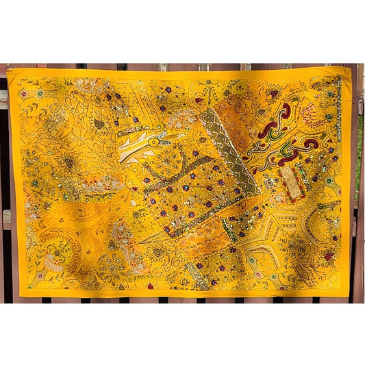 Beautiful Yellow Handmade Mirror Work & Patchwork Indian Tapestry