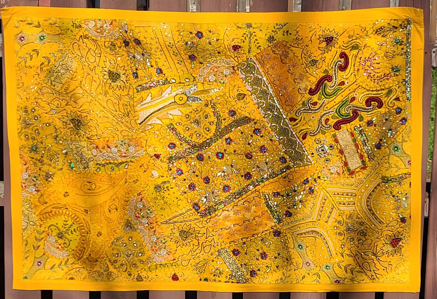 Beautiful Yellow Handmade Mirror Work & Patchwork Indian Tapestry