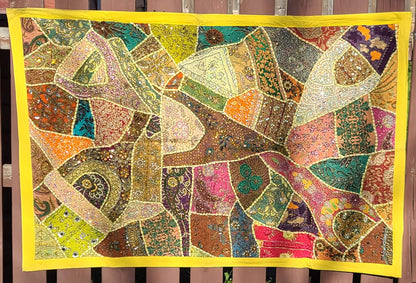 Handmade Light Yellow Mirror & Patchwork Indian Tapestry