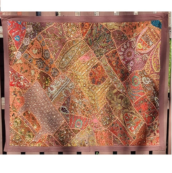 Handmade Rustic Brown Mirror & Patchwork Indian Tapestry